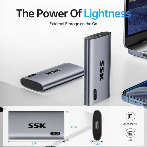 Vista 7 de SSK Disco duro externo SSD de 128 GB, SSD portátil de hasta 550 MB/s, unidades de estado sólido rápidas, unidad externa USB 3.2 Gen2 para iPhone
