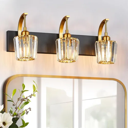 Vista 48 de Lámpara de tocador de cristal de 4 luces, aplique de pared de baño cromado moderno con pantallas de cristal K9, 32.67" de largo, iluminación sobre