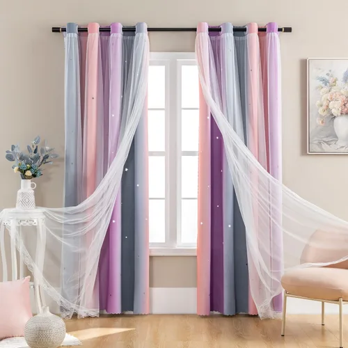 Vista 103 de XiDi Cortinas rosas y grises para dormitorio de niñas, calcomanías de pared de unicornio, cortina verde, cortinas de oscurecimiento de habitación