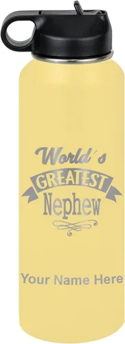 Vista 69 de LaserGram Personalized Water Bottle, World's Greatest Nephew, Stainless Steel Double Wall Vacuum Insulated with Flip Top Straw, Custom Engraved Gift