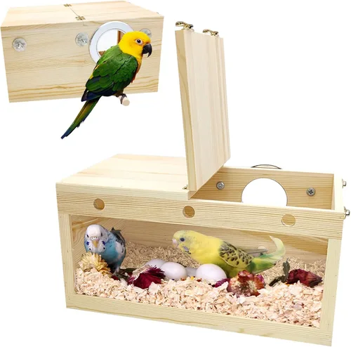 Vista 11 de BNOSDM Caja de nido de periquitos Caja transparente de cría de aves Cajas nido de madera natural jaula para pájaros (S)
