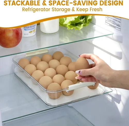 Vista 5 de Recipientes para huevos con tapa, bandeja de plástico para huevos con asa para 20 huevos, transparente, portátil, apilable, almacenamiento