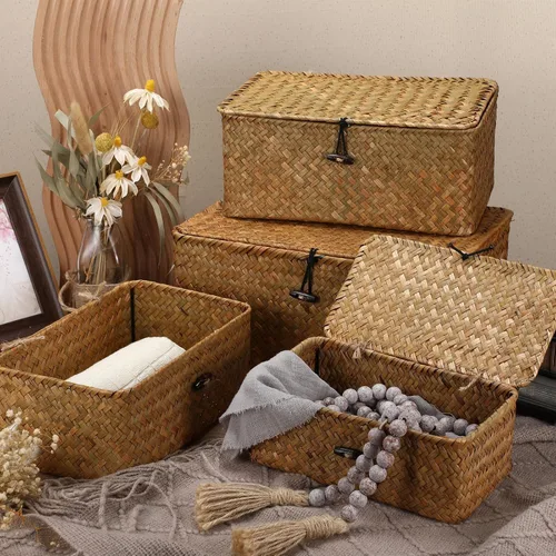 Vista 3 de Juego de 4 cestas de pastos marinos con tapas, cesta de almacenamiento de mimbre de ratán, cajas de almacenamiento decorativas tejidas a mano