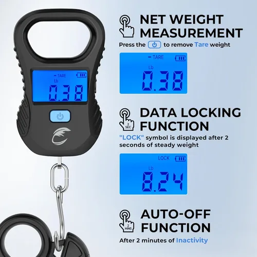 Vista 9 de Calamus Báscula de pescado ligera, báscula digital recargable con cable USB, capacidad de 55 libras, unidades múltiples libras/onzas y kilogramos