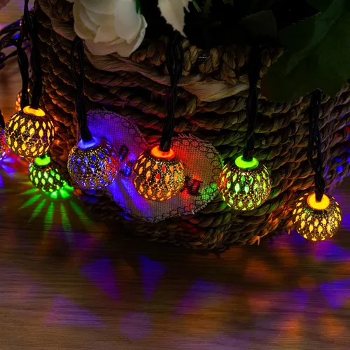 Vista 6 de Guirnalda de luces solares marroquíes para exteriores, 60 LED, 36 pies, guirnalda de luces con 8 modos de iluminación, luces solares impermeables