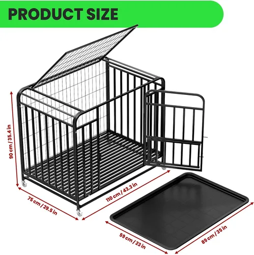 Vista 7 de Heavy Duty Dog Crate 52 Feet - Double Door, Movable Tray, Dog Crates for Large Dogs with 4 Casters for Movement, Black