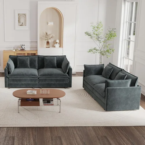 Vista 18 de mikibama Juego de Sofás Nube de Lujo de 2 Piezas, Juego de Sofá Moderno Tapizado en Chenilla de 3 Plazas y Loveseat con 9 Almohadas para Sala