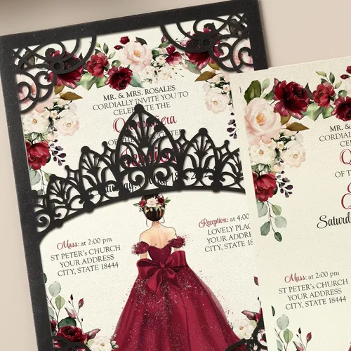 Vista 4 de 50 invitaciones de quinceañera con corona negra perlada cortada con láser Invitaciones de cumpleaños florales burdeos para Sweet 16/Miss XV