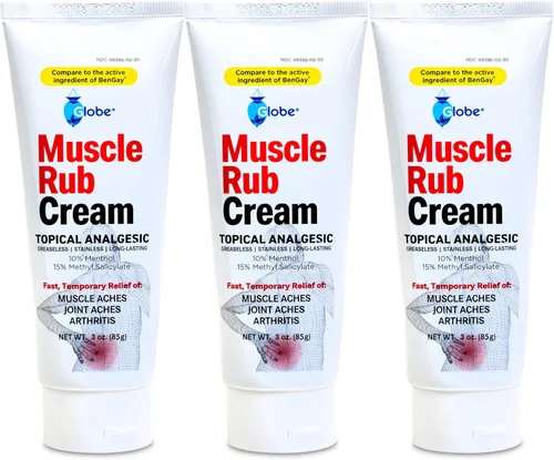 Globe Ultra Strength Crema muscular sin grasa (paquete de 3) (3 onzas). Comparar con los ingredientes activos de Bengay sin grasa, 10% mentol y 15%