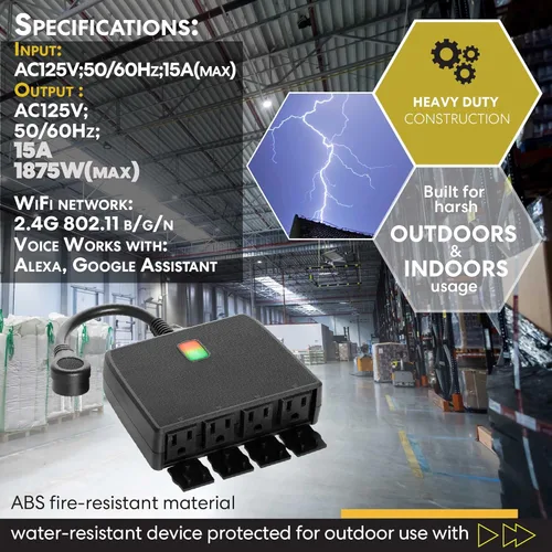Vista 4 de Regleta de Alimentación Inteligente para Exteriores de Servicio Pesado, Enchufe WiFi con Toma Resistente al Agua, Cable de Extensión de Alimentación