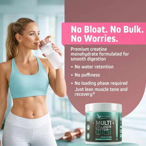 Vista 4 de Herbtonics Creatina para mujeres, 5000 mg de monohidrato de creatina + proteína de colágeno múltiple en polvo (tipo I, II, III, V, X) – Musculo