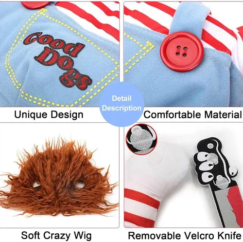 Vista 7 de Disfraz de muñeca mortal para mascotas, divertido traje de Halloween para perro, ropa linda para perros pequeños a grandes, gatos y cachorros, ropa