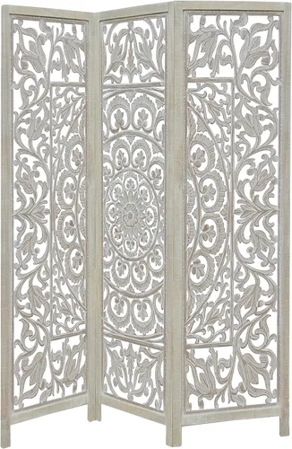 Vista 17 de Biombo Divisor de Habitación de Madera – Partición Plegable de 4 Paneles – Marco de Madera Maciza Marrón con Tallado a Mano Inspirado en Coral