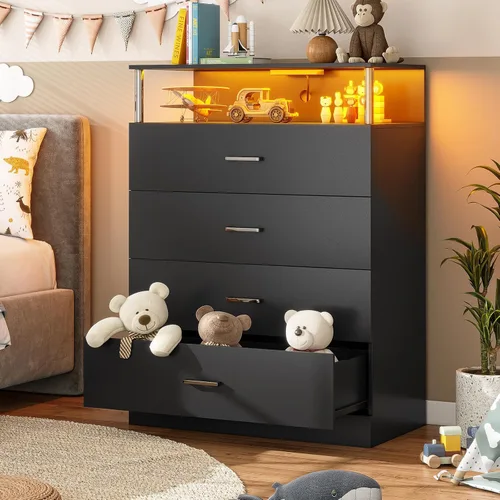 Vista 7 de AOGLLATI Cómoda para dormitorio con diseño de columna, cómoda de 4 cajones con estación de carga, cómoda moderna alta de LED en color negro