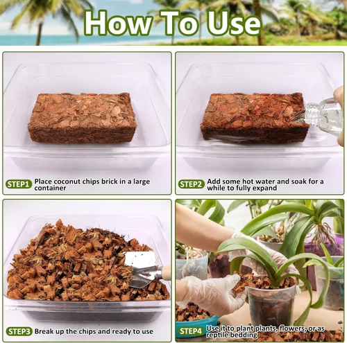 Vista 5 de Legigo Chips de fibra de coco de 1.1 libras para plantas - Ladrillo de chips de coco 100% orgánico, mezcla para macetas con bajo equilibrio EC y PH