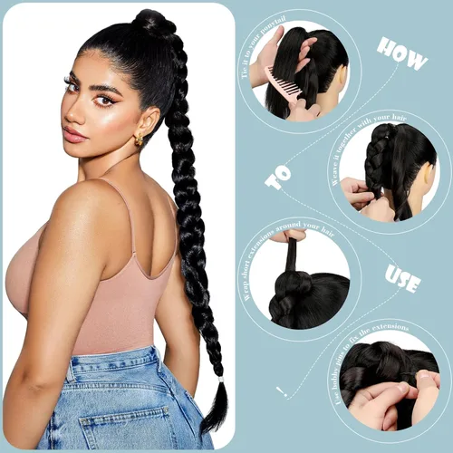 Vista 6 de FELENDY Extensión de cola de caballo trenzada larga y recta, envolvente, cola de caballo, cabello natural lindo para mujer, 30 pulgadas, negro oscuro