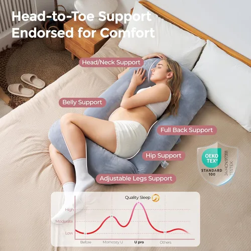 Vista 2 de Momcozy Dreamlign U Pro - Almohada de embarazo para dormir, almohada de maternidad con almohada ajustable para las piernas, funda extraíble, soporte