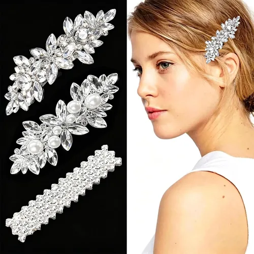 Vista 8 de BOYIVI 3 pinzas para el cabello con diamantes de imitación, pasadores para el cabello con flores, perlas de cristal, horquillas francesas, Dorado