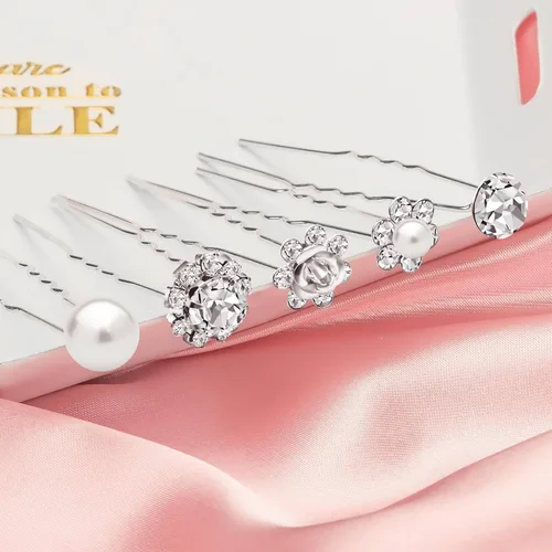 Vista 6 de Paquete de 40 horquillas para el pelo de perlas de boda para novia, perlas plateadas con diamantes de imitación, accesorios para decoración