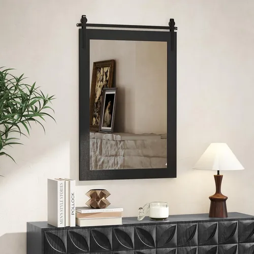 Vista 3 de Tangkula Farmhouse Wall Mirror, Rustic Bathroom Mirror with Wood Frame & Metal Bracket, Wall Mounted Barn Door Mirror for Living Room, Bathroom, 24