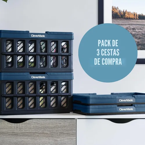 Vista 8 de CleverMade - Cesta de compras plegable, carbón, cestas de compras de comestibles reutilizables de plástico