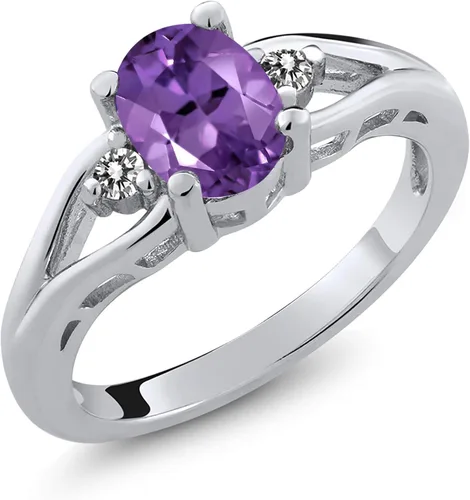 Gem Stone King Anillo de plata de ley 925 con amatista y diamante blanco de 3 piedras para mujer 116 quilates piedra natal ovalada disponible en