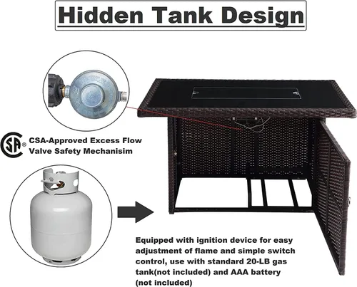 Vista 5 de Mesa para fogata de propano de 44 pulgadas, 50000 BTU rectangular para exteriores, fogata de gas para exteriores, mesa de aluminio de mimbre marrón