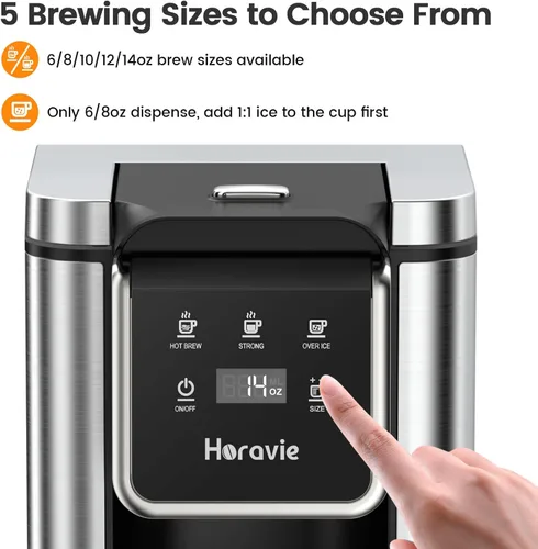 Vista 5 de Horavie Single Serve Coffee Maker for K-Cups & Grounds, Hot & Iced Coffee Maker, Strong Button Feature, 6 to 14oz Brew Sizes, 50oz Removable