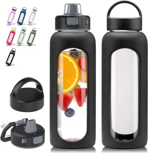 Vista 19 de Kodrine Botella de agua de vidrio de 20 onzas con pajilla - 2 tapas para un fácil transporte, con asa, funda de silicona y marcador de tiempo
