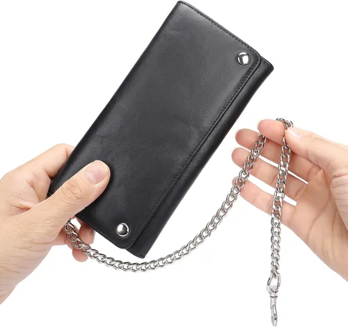 Vista 4 de Cartera de piel auténtica con tres pliegues para hombre con cadena, cartera de motociclista con cadena larga y resistente, Negro, largo