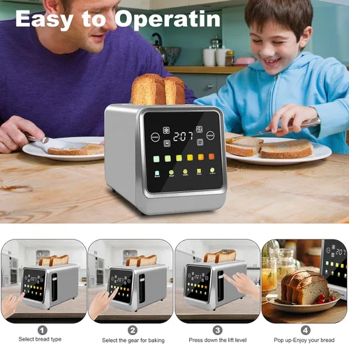 Vista 6 de Tostadora de pantalla táctil de 2 rebanadas, tostadoras de bagel con pantalla LCD, tostadoras digitales inteligentes de acero inoxidable con tostada