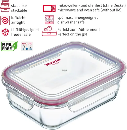 Vista 2 de Westmark Recipiente de vidrio para almacenamiento de alimentos, plástico, silicona, 12.5 fl oz