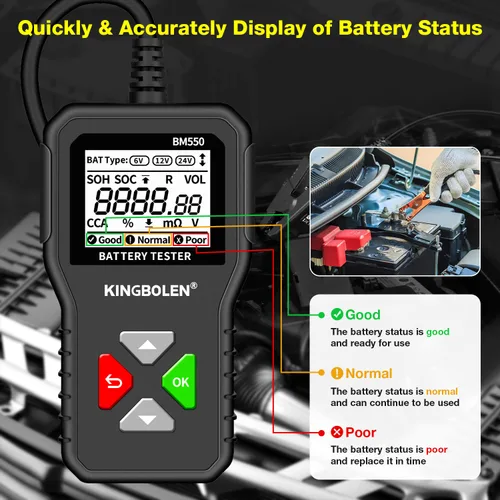 Vista 5 de KINGBOLEN BM550 Probador de Batería de Auto 6V 12V 24V, Probador de Voltaje 100-2000 CCA Resistencia Interna 2Ah-220Ah Probador de Batería Digital