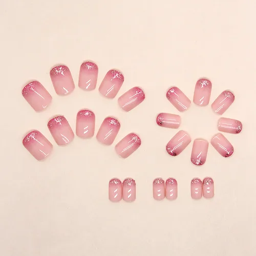 Vista 2 de Uñas postizas cortas cuadradas SWEKKE francesas, color rosa, degradado, cobertura completa, con purpurina, uñas postizas brillantes con pegamento