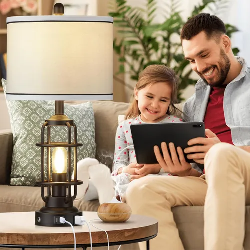 Vista 3 de Modern Table Lamps Set of 2, Industrial 3-Way Dimmable Bedside Lamp with USB A+C Ports & AC Outlet, 25" Touch Control Nightstand Lamp LED Night