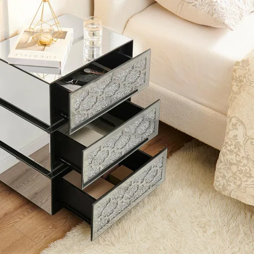 Vista 98 de HomVent Mesita de noche con espejo, mesa auxiliar con espejo, mesa de noche pequeña de cristal plateado para dormitorio, sala de estar