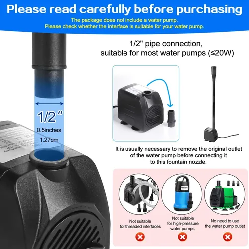 Vista 3 de Boquilla de fuente de plástico 1/2, cabezal de fuente para jardín, estanques, estanques de peces de mesa, uso para interiores y exteriores, 9