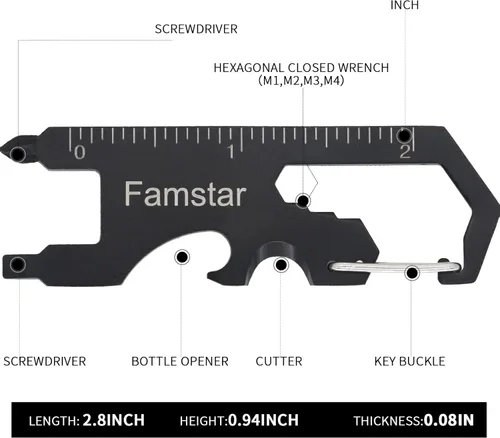 Vista 4 de Famstar Llavero multiherramienta, paquete de 3 herramientas de bolsillo de metal, portátil, llave sin óxido para tornillo, regla y abridor