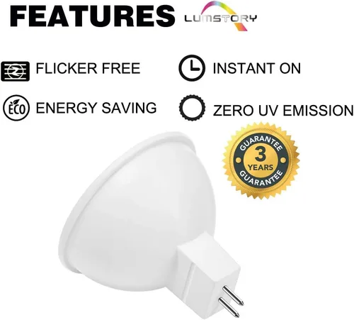 Vista 4 de LumStory Bombilla LED MR16 de 5000 K, luz diurna, 12 V, GU5.3, base Bipin, no regulable, 50 W, bombillas halógenas equivalentes a 5 W, repuesto LED