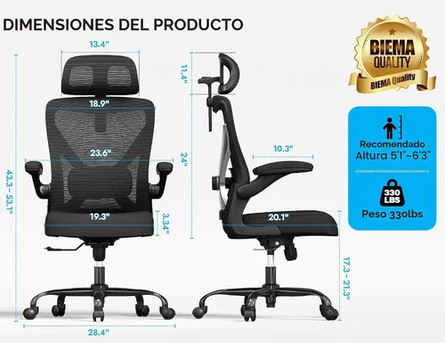 Vista 2 de Black Ergonomic Office Chair: Mesh Desk Chair Comfy with Headrest& Lumbar Negro