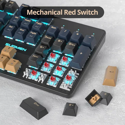 Vista 4 de Teclado mecánico de tamaño completo, teclado cremoso con teclado numérico, teclado para juegos con cable de 104 teclas con interruptor rojo