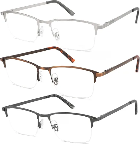 Vista 8 de CRGATV 3-Pack Reading Glasses for Men Blue Light Blocking Fashion Metal Half Wide Frame Readers Semi Rimless Eyeglasses