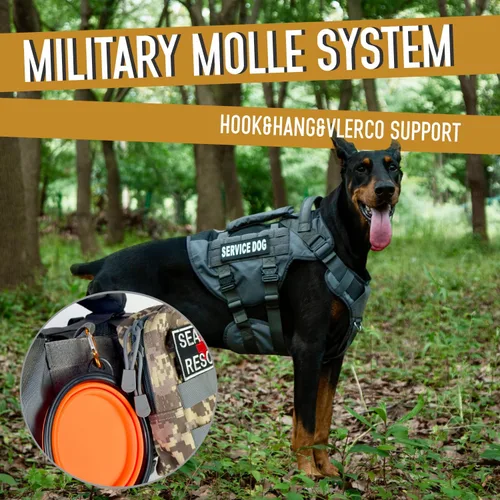 Vista 6 de Chaleco de servicio para perros grandes, arnés táctico marrón con Molle militar, malla transpirable y hebilla de metal de 1.49 oz - Talla M