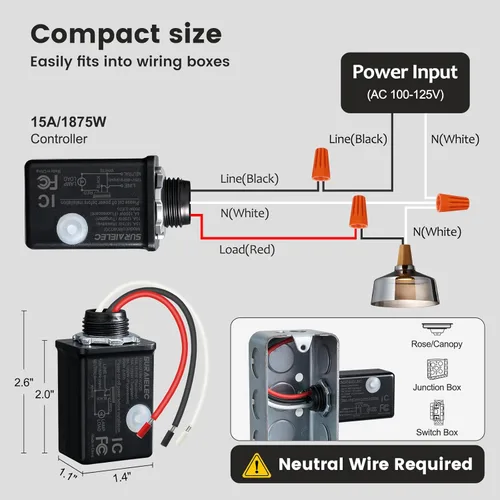 Vista 5 de SURAIELEC Kit de interruptor de luz inalámbrico y receptor negro, 15 A de alta potencia, sin cableado sin interferencias, rango de 100 pies