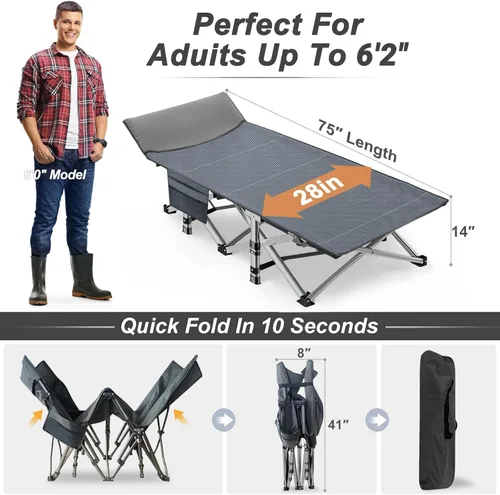 Vista 6 de ABORON Catre de Campamento para Adultos de 28" Extra Ancho, Paquete de 2 Catres Oxford 1200D Resistentes para Dormir, Cama de Campamento Plegable