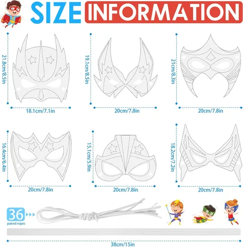 Vista 2 de Sosation 36 máscaras de papel para colorear tu propio héroe, máscaras de papel para manualidades en blanco con cuerdas para fiestas de cumpleaños