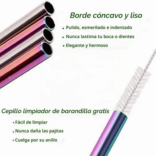Vista 5 de VEHHE Pajitas de acero inoxidable arcoíris, paquete de 8, cepillo
