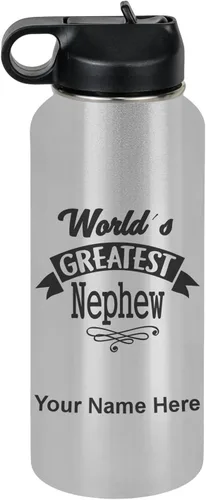 Vista 29 de LaserGram Personalized Water Bottle, World's Greatest Nephew, Stainless Steel Double Wall Vacuum Insulated with Flip Top Straw, Custom Engraved Gift