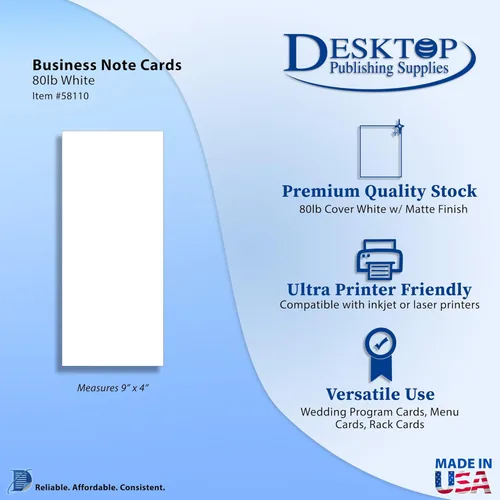 Tarjetas de notas de negocios blancas de 80 libras de 4 x 9 pulgadas, 100 tarjetas en blanco, para agradecimiento, menús, publicidad, bodas, bares y