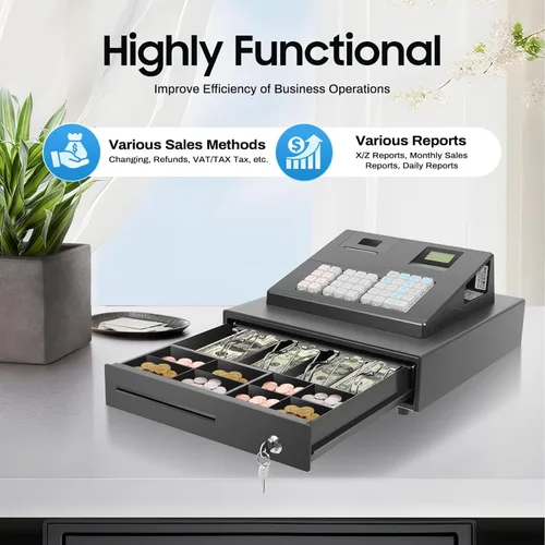 Vista 8 de Caja registradora de 38 llaves con cajón, 8 pantallas LED digitales, sistema electrónico de posición de posición con teclado e impresora térmica